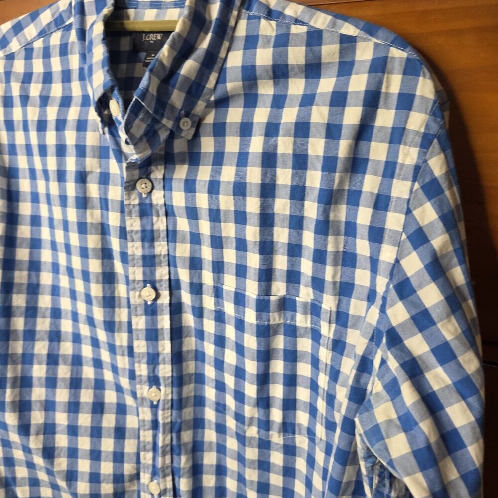 J Crew Factory Size Medium Gingham Check Button Down Classic Blue White Cotton - Picture 6 of 9